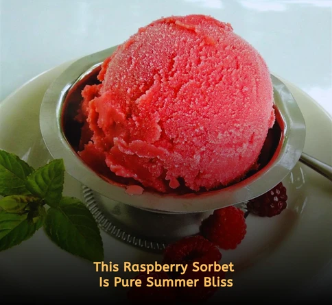 Bright raspberry sorbet scooped into chilled bowls with fresh raspberries and mint garnish