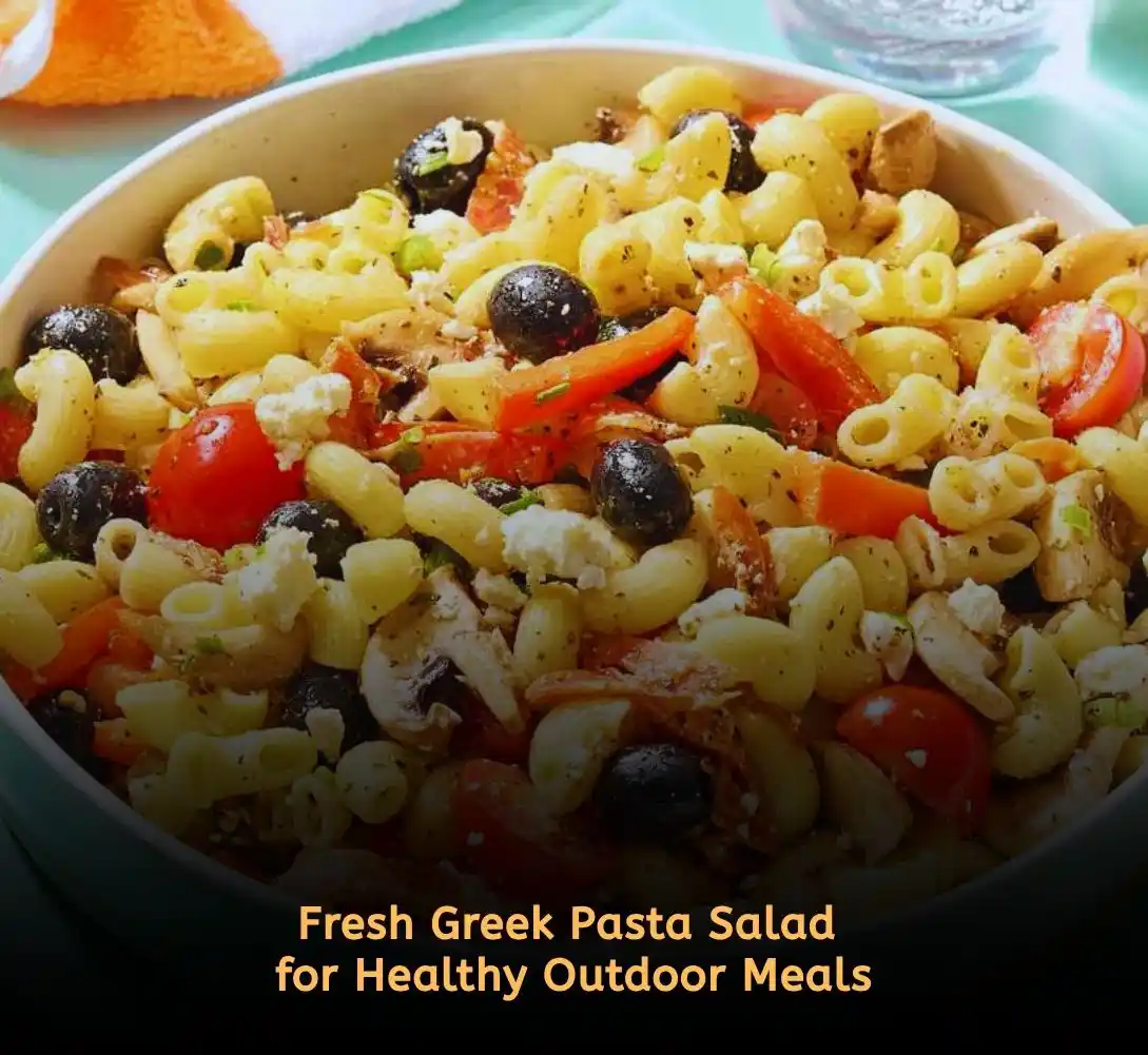 Greek pasta salad with olives and feta for picnic food ideas