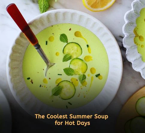 Creamy chilled cucumber yogurt soup topped with fresh dill in a ceramic bowl