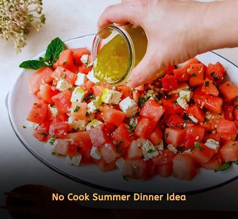 Refreshing watermelon feta mint salad served cold as a healthy no cook summer dinner recipe