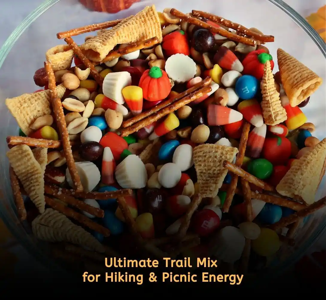 Sweet and salty trail mix with nuts and chocolate for picnic snacks
