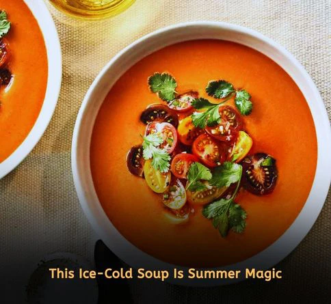 Classic Spanish gazpacho soup made with tomatoes, cucumber, and bell peppers served chilled in a bowl