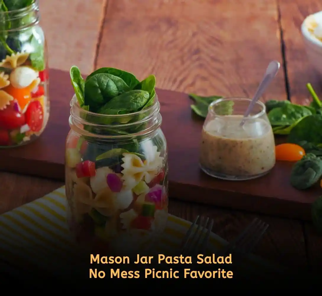Layered mason jar pasta salad for easy picnic food ideas and group meals