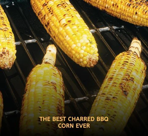 Fresh sweet corn on the cob with buttery charred edges grilling directly over hot flames during a summer cookout.