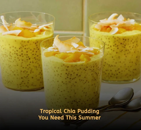 Creamy mango coconut chia pudding topped with fresh mango cubes in a tropical styled bowl