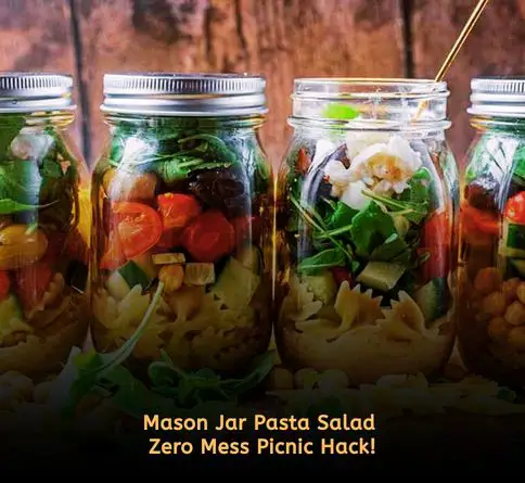 Pasta salad layered in mason jars for easy kids picnic lunch.
