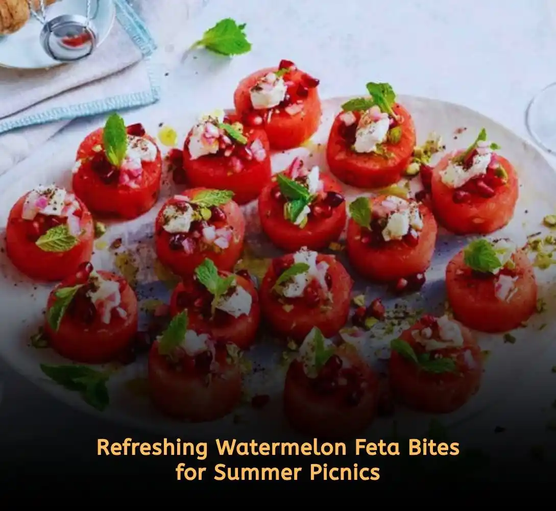 Watermelon feta bites on skewers for easy picnic food ideas in summer heat