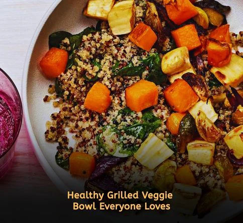 Charred vegetables and fluffy quinoa in a healthy vegetarian summer bowl