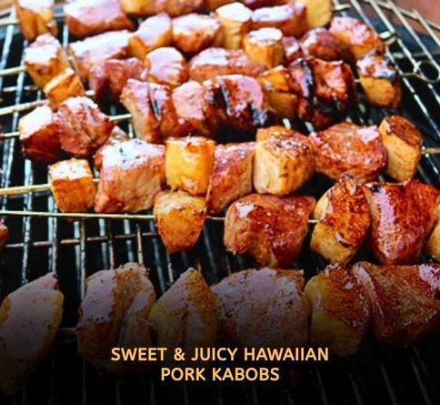 Hawaiian pork and pineapple kabobs caramelizing on hot backyard grill