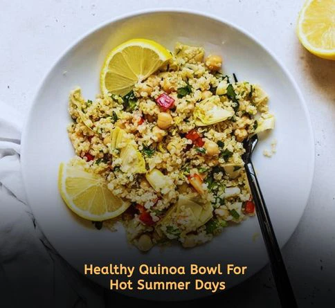 Healthy lemon quinoa bowl with black beans bell peppers and parsley for weight loss summer lunch ideas