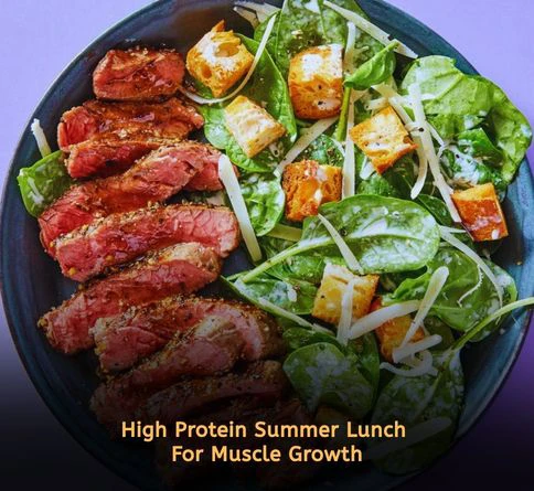 Grilled steak slices over fresh spinach with balsamic dressing for high protein summer lunch recipes