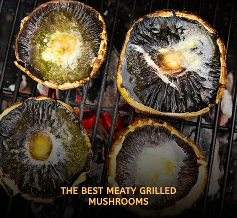 Large grilled Portobello mushroom caps with balsamic glaze and smoky char marks served at an outdoor summer barbecue.