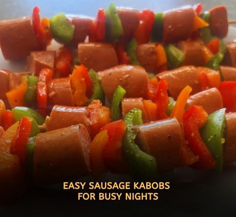 Italian sausage and bell pepper kabobs grilling with smoky charred vegetables