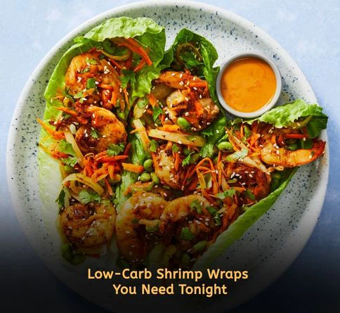 Spicy shrimp lettuce wraps with avocado slices for a quick summer dinner recipe