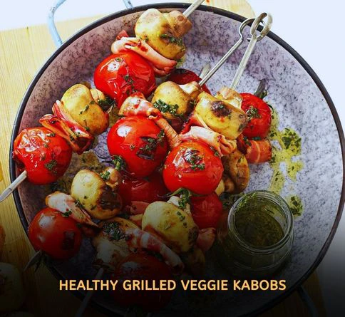 Balsamic mushroom and tomato skewers grilled until juicy and lightly charred