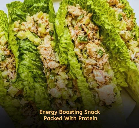 Romaine lettuce wraps filled with tuna salad and onions for a healthy protein snack recipe