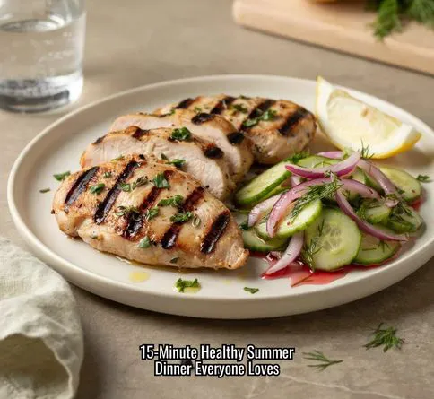Healthy summer dinner recipe featuring lemon herb grilled chicken served with fresh cucumber salad for a quick and easy family meal.