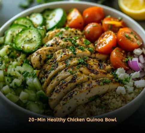 Healthy summer recipes high protein lunch bowls featuring lemon herb chicken, quinoa, parsley, and fresh lemon for easy meal prep lunches.