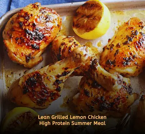 Grilled lemon herb chicken served with fresh cucumber for a low calorie high protein summer meal.