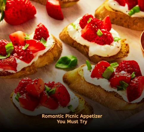 trawberry and goat cheese bruschetta served on toasted baguette slices for a romantic picnic date.