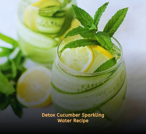 Cucumber slices in sparkling water glass with ice