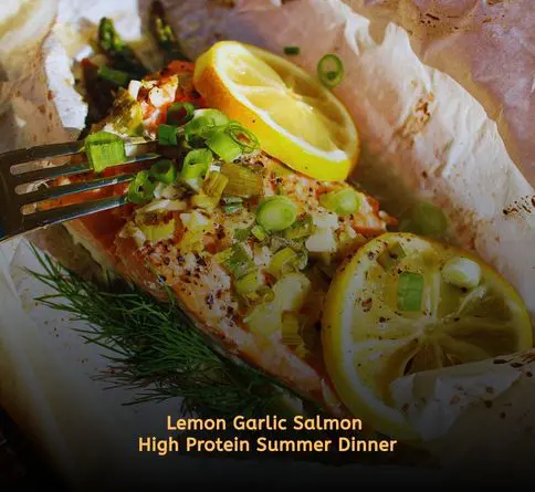Baked lemon garlic salmon with asparagus for a healthy summer meal.