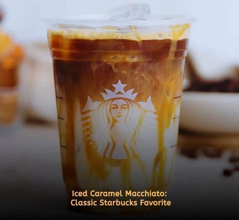 Iced Caramel Macchiato with layered espresso, milk, caramel drizzle, and ice in a tall glass