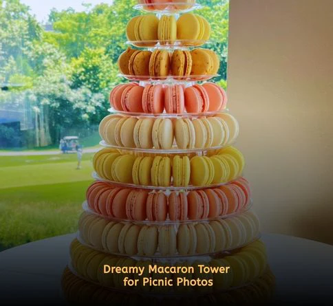 Pastel-colored macaron tower centerpiece displayed on a luxury picnic table outdoors.