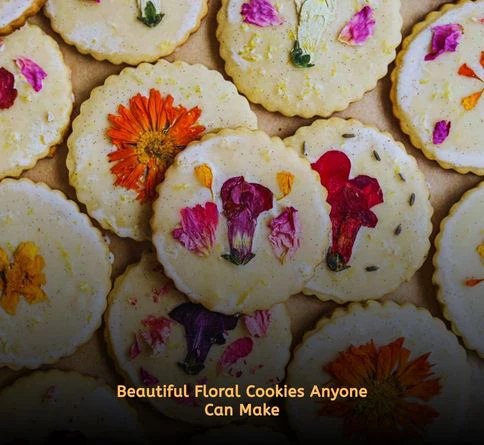 Homemade shortbread cookies decorated with edible flowers and displayed in a picnic setting.