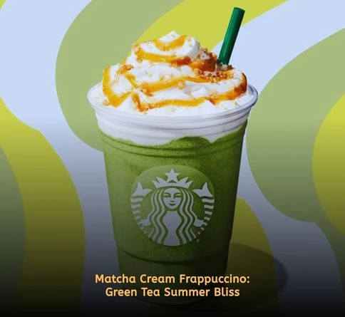 Matcha Cream Frappuccino topped with whipped cream, blended green tea, milk, and ice