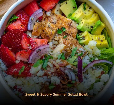 Healthy summer recipes high protein lunch bowls with strawberries, spinach, chicken, feta, and balsamic dressing.