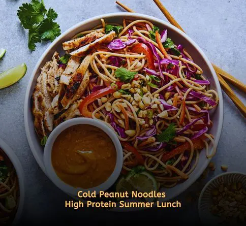 Cold peanut chicken noodles with cucumber for a refreshing summer meal.