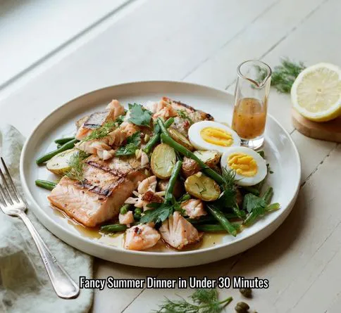 Salmon Niçoise-inspired salad with potatoes, eggs, and green beans.