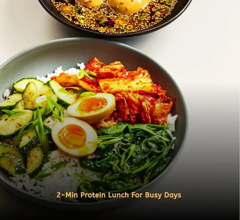 Healthy summer recipes high protein lunch bowls with hard boiled eggs, spinach, almonds, and olive oil.