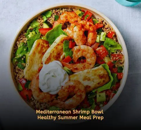 Mediterranean shrimp bowl with rice and vegetables for a high protein meal prep.