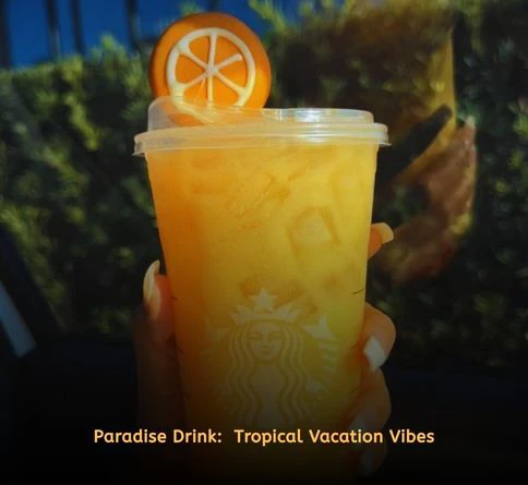Paradise Drink with pineapple passionfruit base, coconut milk, pineapple pieces, and ice