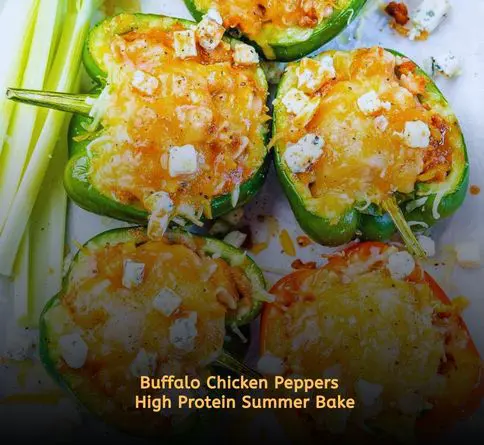 Stuffed bell peppers filled with buffalo chicken and cheese for summer meal.