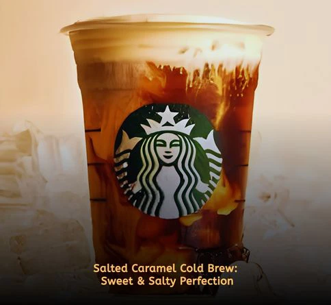 Salted Caramel Cream Cold Brew with caramel foam, cold brew coffee, ice cubes, and caramel drizzle