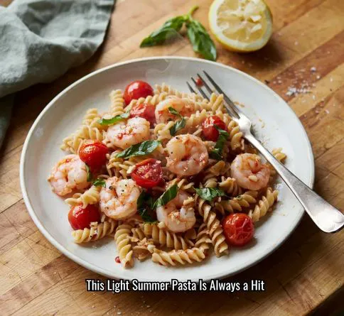 Lemon garlic shrimp pasta with cherry tomatoes and fresh basil.