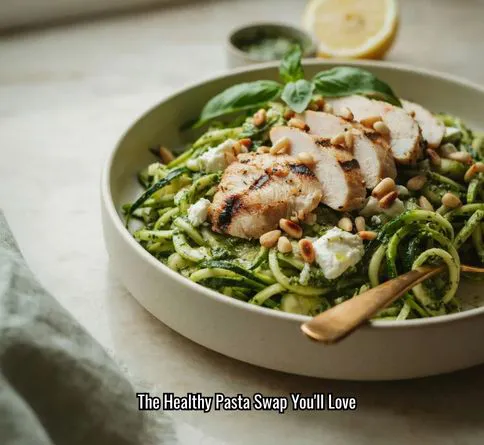 Pesto zucchini noodle bowl with grilled chicken and pine nuts.