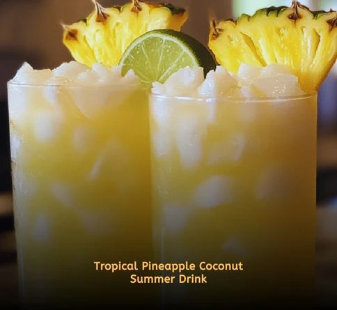Pineapple coconut smoothie drink in tropical glass with garnish