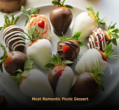 Chocolate covered strawberries arranged beautifully for a romantic picnic dessert.