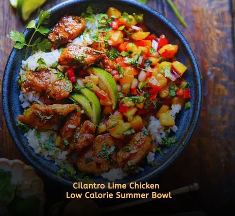 Cilantro lime chicken bowl with cauliflower rice for a high protein meal.