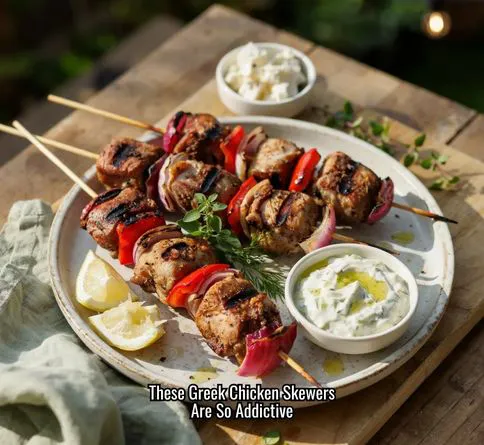 Greek chicken skewers with homemade tzatziki sauce served as a healthy summer dinner recipe.