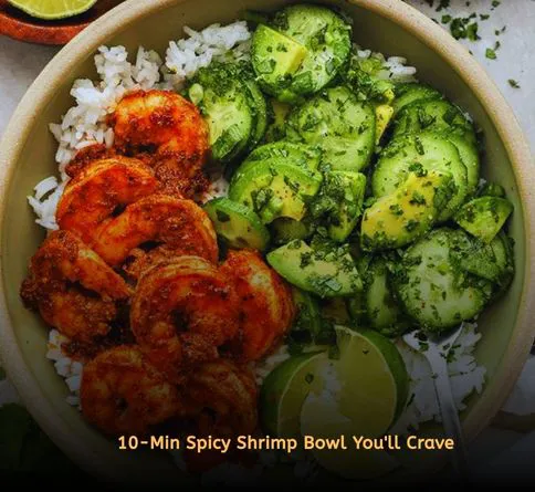 Healthy summer recipes high protein lunch bowls with spicy shrimp, avocado, brown rice, and lime for a light healthy lunch.