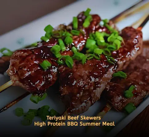 Teriyaki beef skewers grilled with vegetables for a summer protein meal.