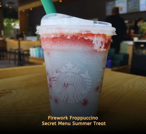 Colorful Firework Frappuccino with strawberry puree, vanilla cream base, blue foam topping, and festive layered appearance