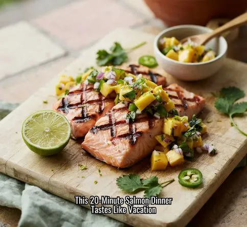 Grilled salmon topped with fresh mango salsa served as a healthy summer dinner recipe.