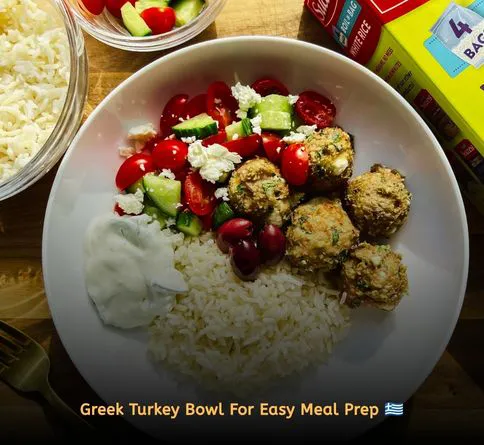 Healthy summer recipes high protein lunch bowls made with Greek turkey meatballs, couscous, cucumber, and tzatziki.