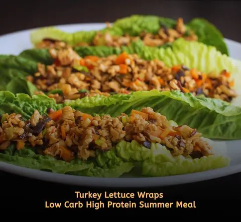 Spicy turkey lettuce wraps served fresh as a low calorie high protein summer lunch option.